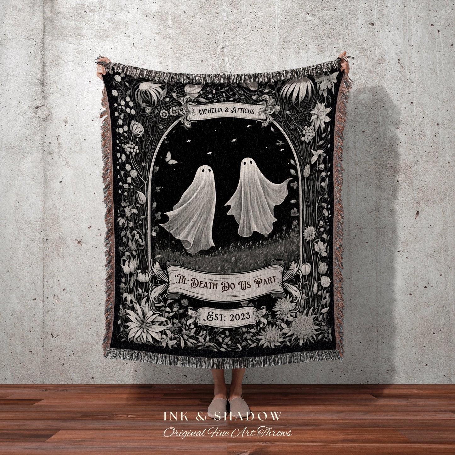 Custom Dating Anniversary Blanket Dark Academia Woven Cotton 2nd Anniversary Gift Personalized Wedding Tapestry Woven Ghost Couple Blanket