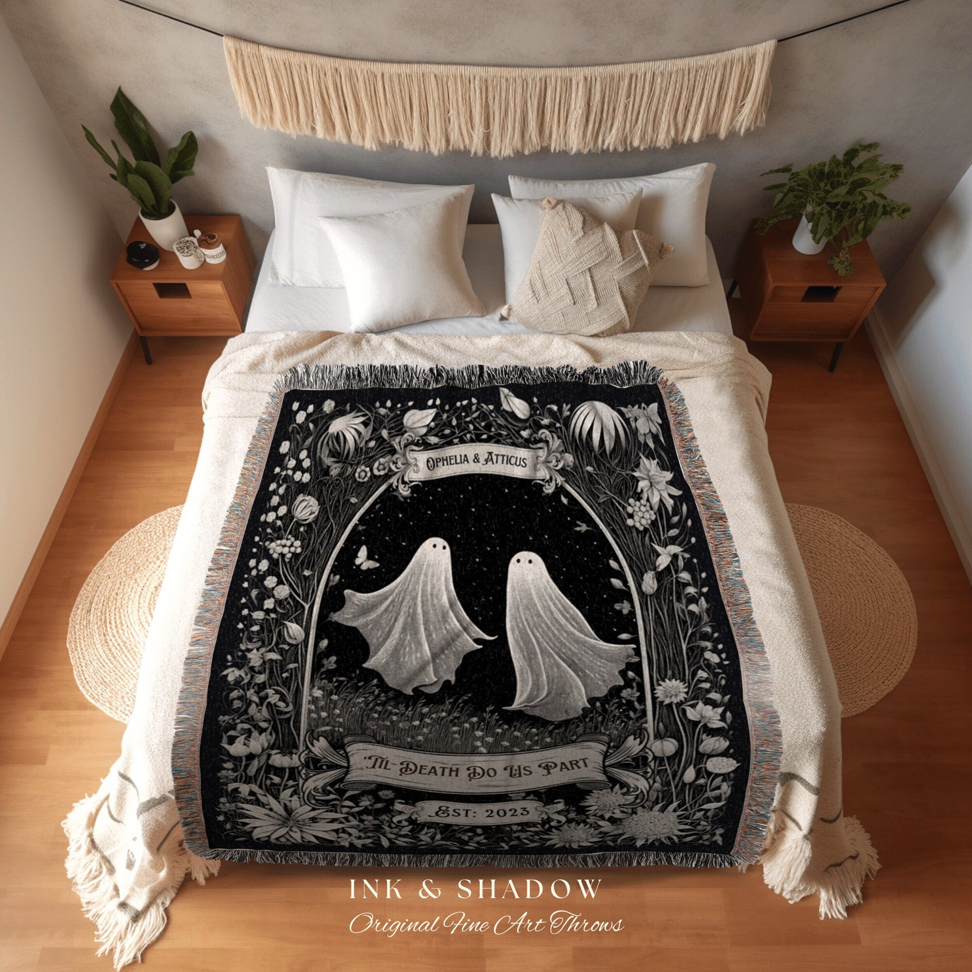 Whimsigoth Ghost Couple Blanket | Personalized Wedding Blanket Vintage Gothic Tapestry Woven Ghost Gifts His & Hers Anniversary Meaningful