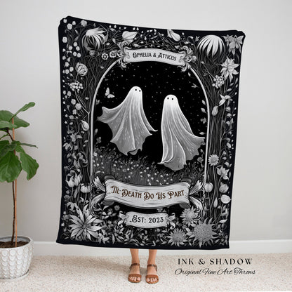 Whimsigoth Ghost Couple Blanket | Personalized Wedding Blanket Vintage Gothic Tapestry Woven Ghost Gifts His & Hers Anniversary Meaningful