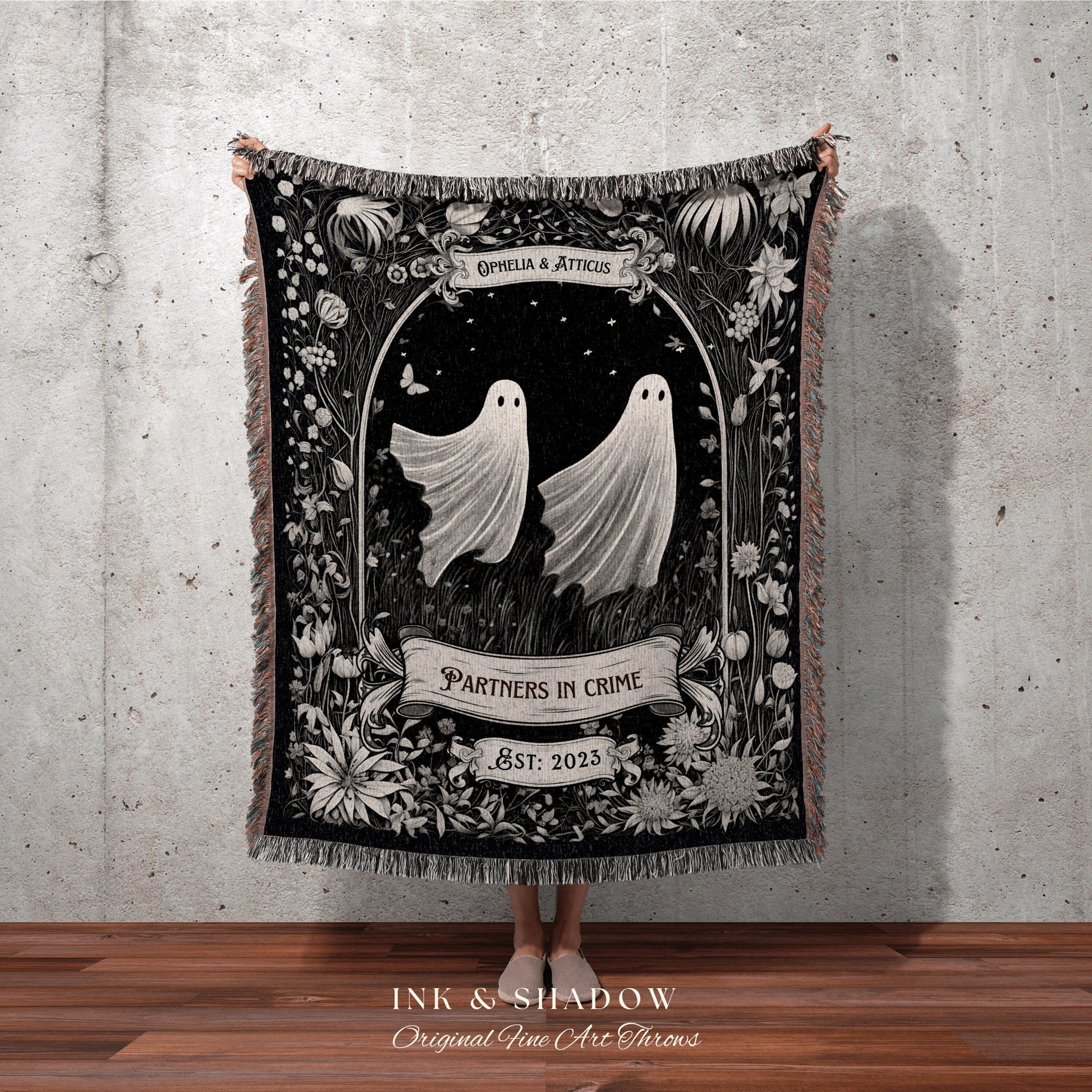 Goth Couple Ghost Throw Blanket | Personalized Wedding Blanket Dark Cottagegoth Tapestry Ghost Custom Mr & Mrs Anniversary Meaningful Gift |