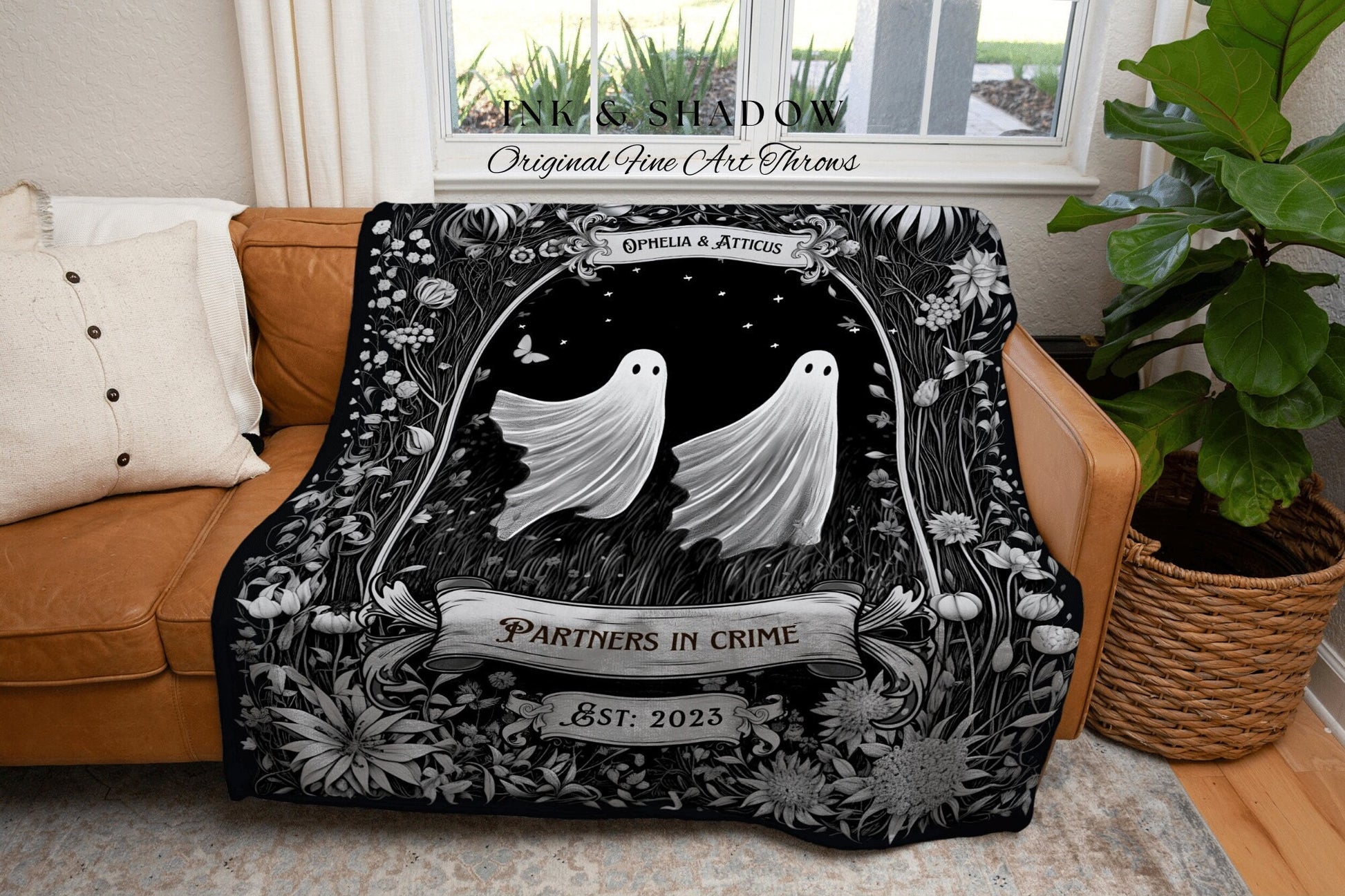 Goth Couple Ghost Throw Blanket | Personalized Wedding Blanket Dark Cottagegoth Tapestry Ghost Custom Mr & Mrs Anniversary Meaningful Gift |