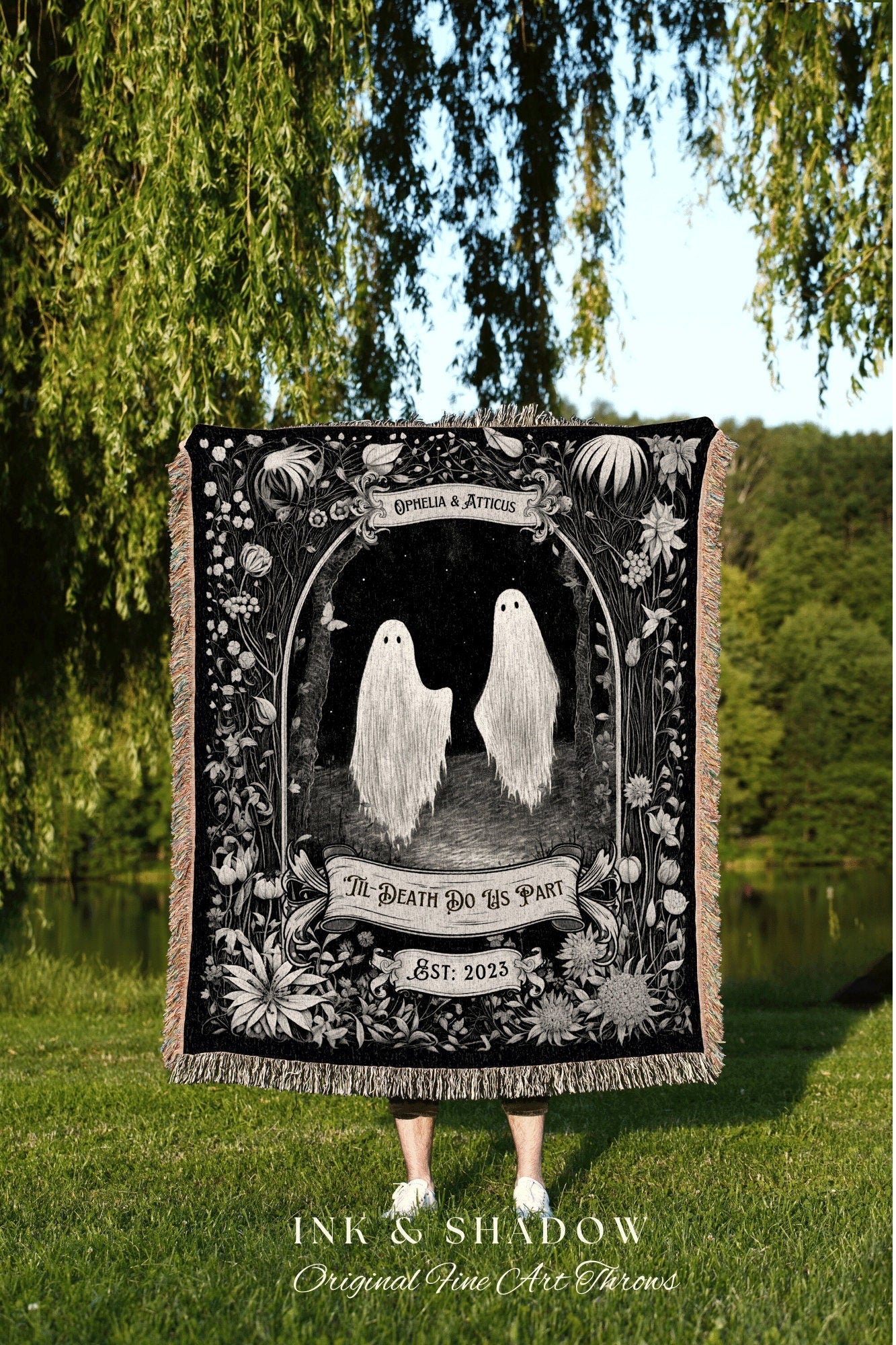 Dark Academia Ghost Blanket Woven | Personalized Wedding Blanket Spooky Halloween Tapestry Woven Ghost Gifts Mr & Mrs Anniversary Whimsical