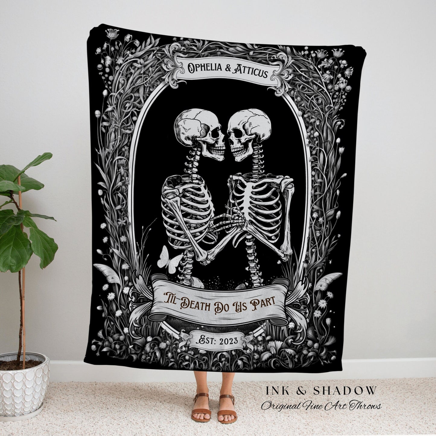 Gothic Skeleton Tapestry Custom | Personalized Wedding Blanket Spooky Halloween Skeleton Tapestry His & Hers Anniversary Gift for Girlfriend