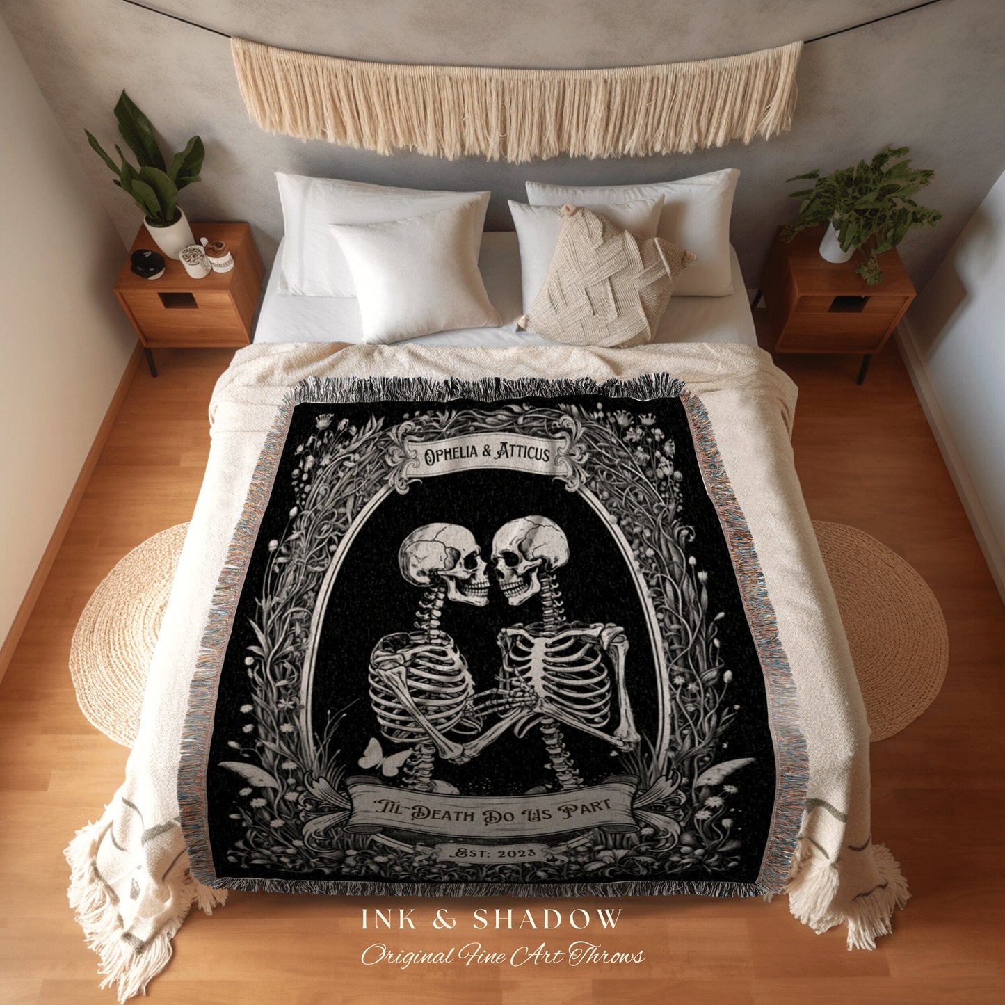 Gothic Skeleton Tapestry Custom | Personalized Wedding Blanket Spooky Halloween Skeleton Tapestry His & Hers Anniversary Gift for Girlfriend