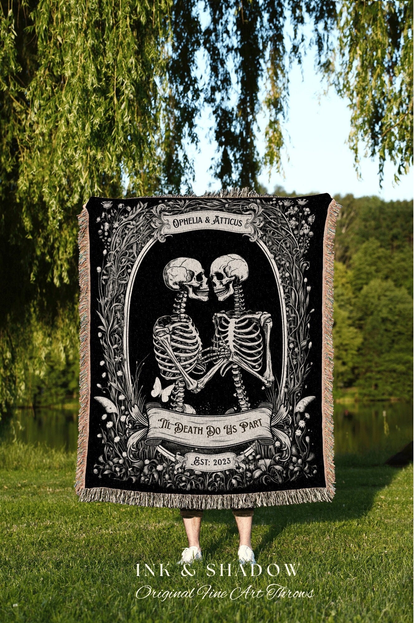 Gothic Skeleton Tapestry Custom | Personalized Wedding Blanket Spooky Halloween Skeleton Tapestry His & Hers Anniversary Gift for Girlfriend