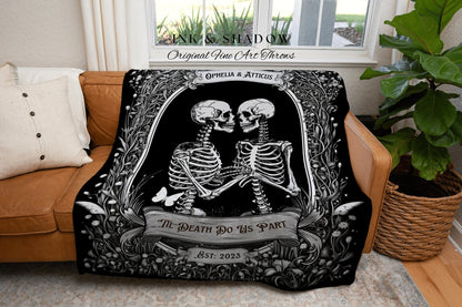 Gothic Skeleton Tapestry Custom | Personalized Wedding Blanket Spooky Halloween Skeleton Tapestry His & Hers Anniversary Gift for Girlfriend