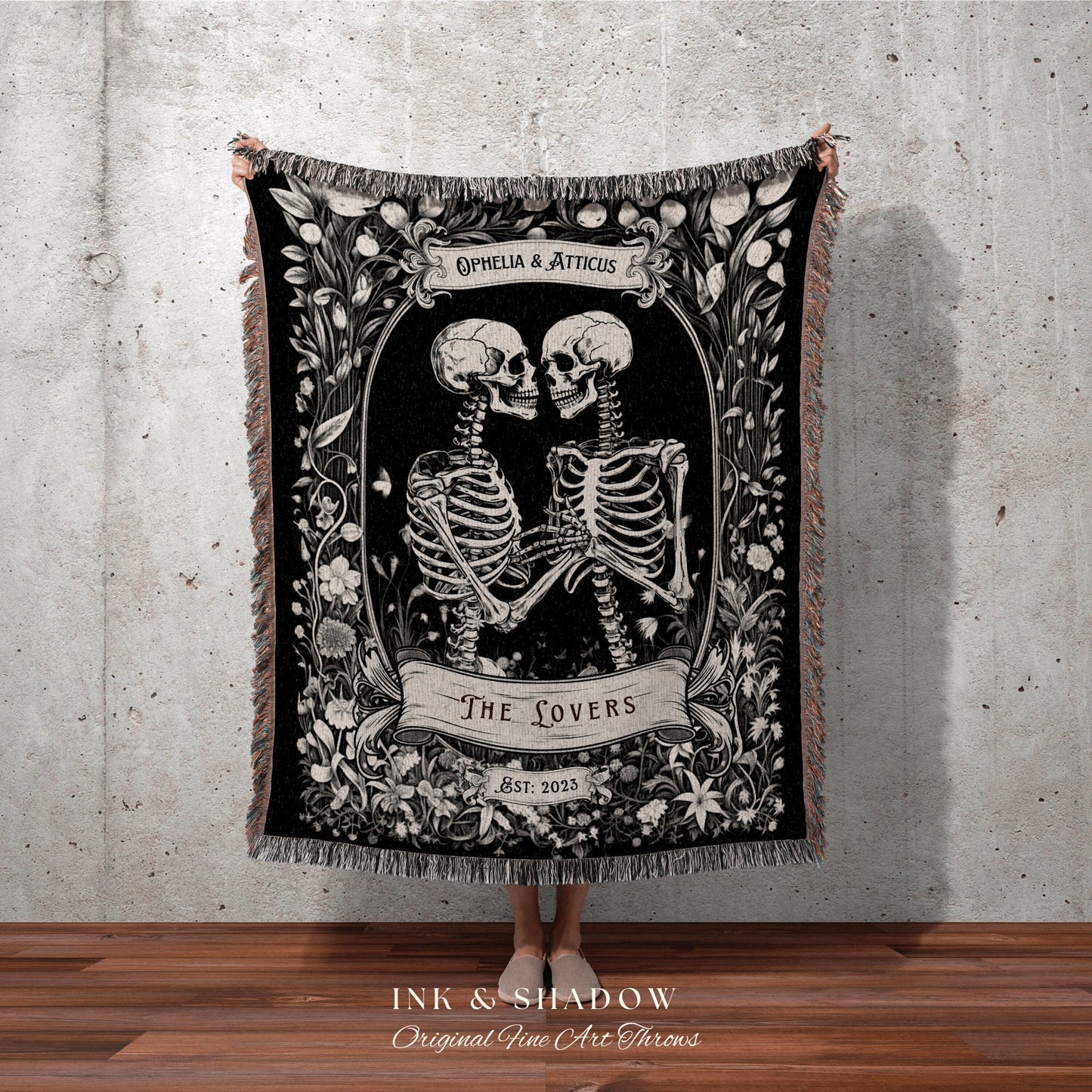 Skeleton Lovers Blanket Custom | Personalized Wedding Blanket Gothic Skeleton Couple Custom His & Hers Blanket Woven Tapestry Cottagecore |