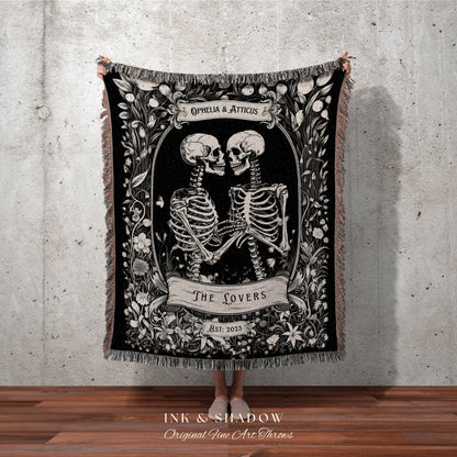 Skeleton Lovers Blanket Custom | Personalized Wedding Blanket Gothic Skeleton Couple Custom His & Hers Blanket Woven Tapestry Cottagecore |