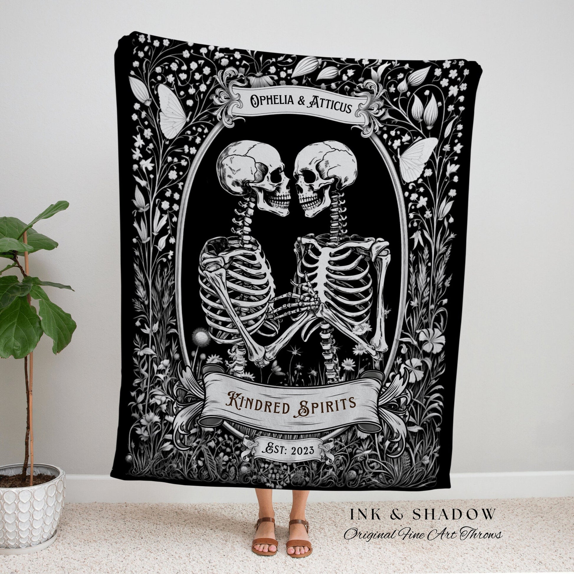 Kindred Spirits Skeleton Blanket | Personalized Best Friend Blanket Anniversary Gift for Goths Custom Skeleton Tapestry Bestie Blanket Goth