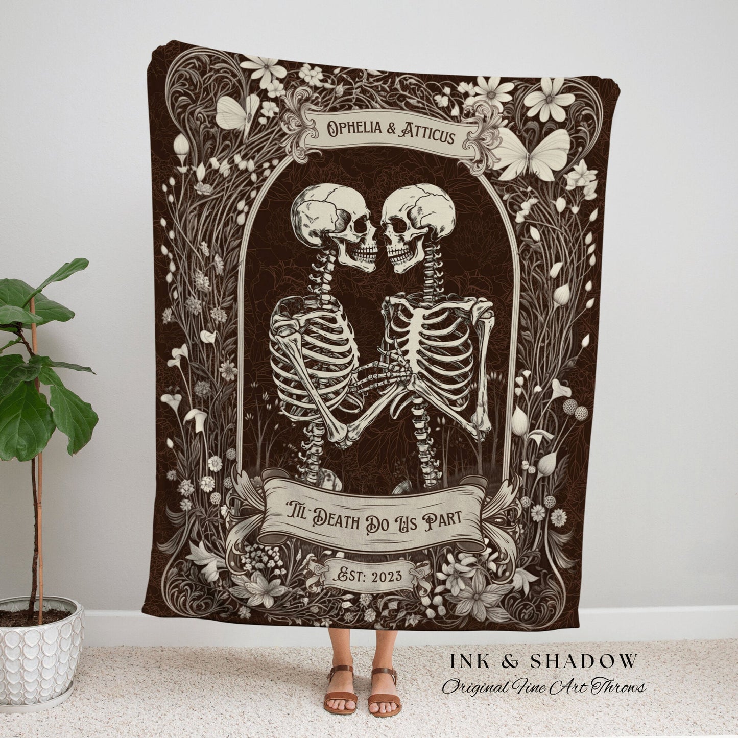 Victorian Gothic Skeleton Couple | Personalized Wedding Anniversary Blanket Spooky Gift for Goths Custom Ghost Gift Mr & Mrs Anniversary |