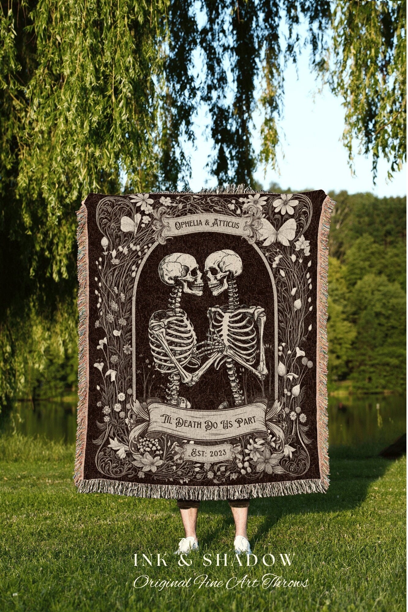 Victorian Gothic Skeleton Couple | Personalized Wedding Anniversary Blanket Spooky Gift for Goths Custom Ghost Gift Mr & Mrs Anniversary |