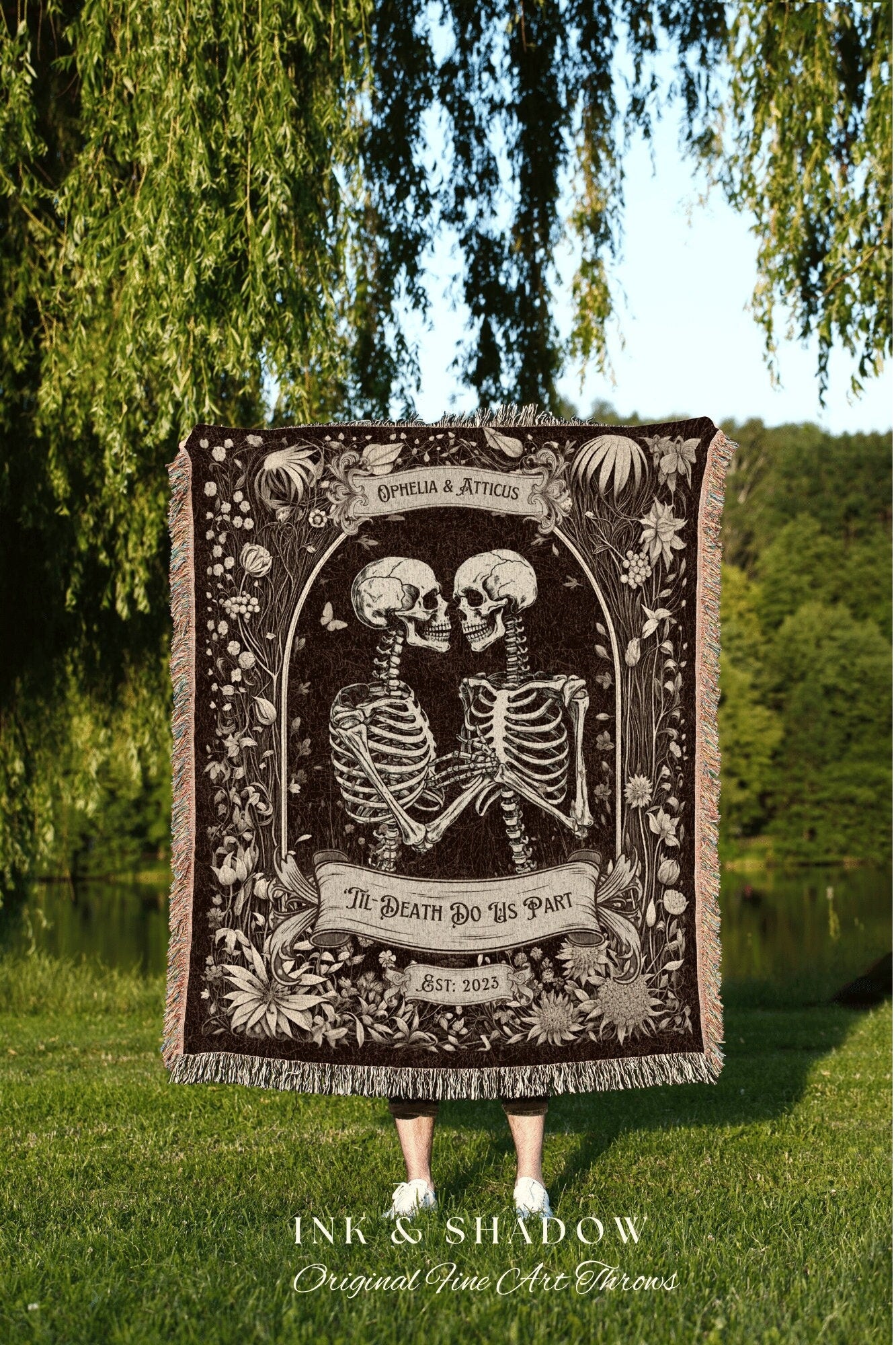 Skeleton Couple Anniversary Blanket | Personalized Wedding Anniversary Blanket Unique Couple Gift for Goths Custom Tapestry Meaningful Gifts