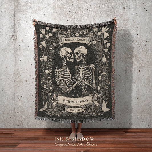 Cottagecore Skeleton Couples Throw | Personalized Tapestry Gothic Wedding Custom Blanket Woven Tapestry Skeleton Couple Gift Wedding Custom