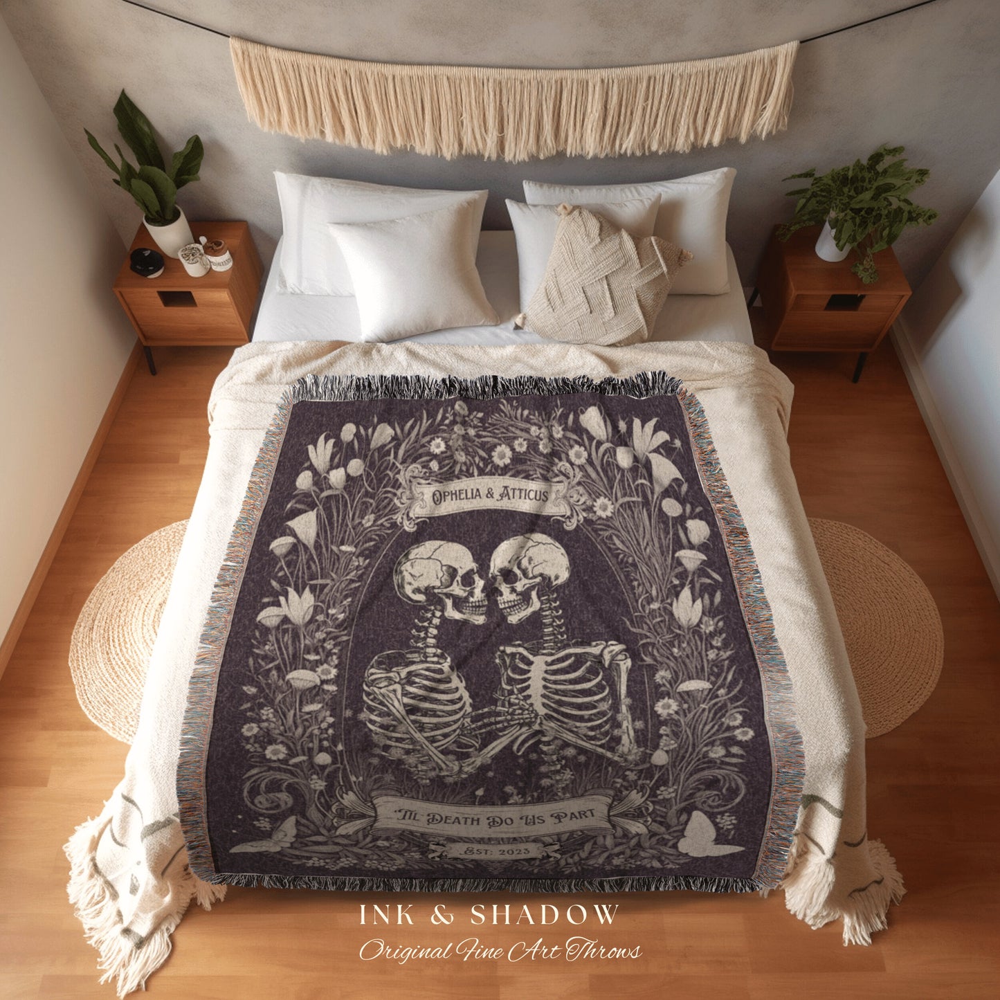 Anniversary Blanket Custom Name Gift | Personalized Tapestry Gothic Wedding Custom Blanket Woven Tapestry Skeleton Couple Whimsical Wedding