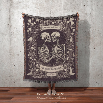 Anniversary Blanket Custom Name Gift | Personalized Tapestry Gothic Wedding Custom Blanket Woven Tapestry Skeleton Couple Whimsical Wedding