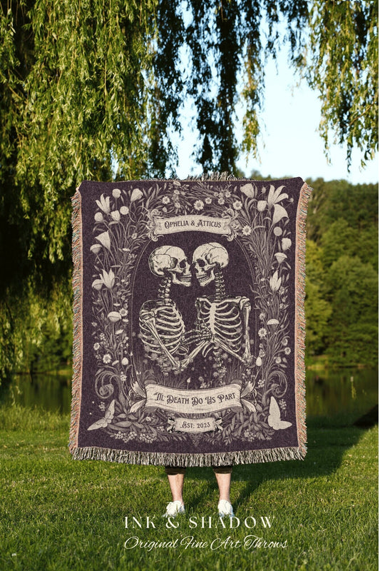 Anniversary Blanket Custom Name Gift | Personalized Tapestry Gothic Wedding Custom Blanket Woven Tapestry Skeleton Couple Whimsical Wedding