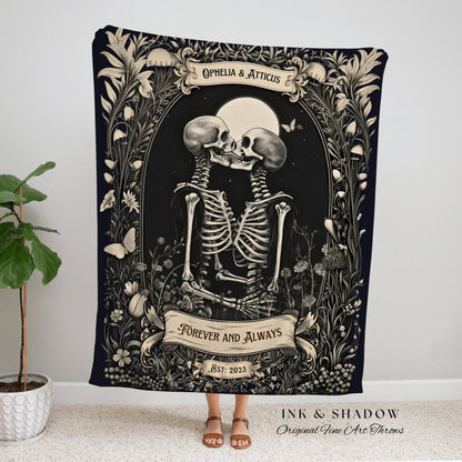 Moonlit Skeletons Couple Blanket | Personalized Wedding Anniversary Blanket Unique Couple Gift for Goths Custom Tapestry Meaningful Gifts |