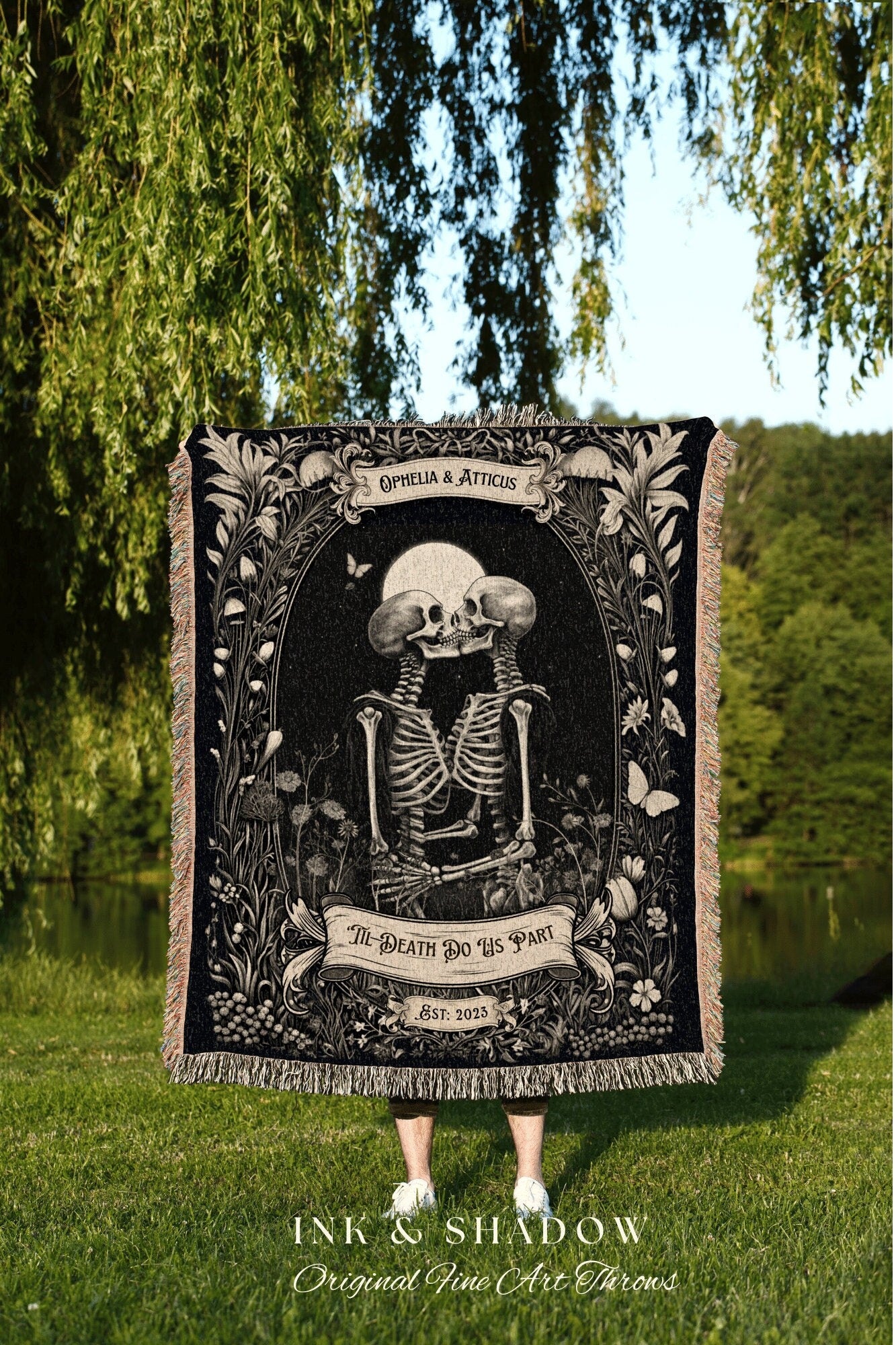 Whimsigoth Skeleton Couple Custom | Personalized Wedding Anniversary Blanket Spooky Gift for Goths Custom Ghost Gift Mr & Mrs Anniversary |