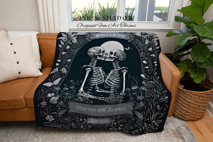 Skeleton Lovers Anniversary Blanket | Personalized Tapestry Gothic Wedding Custom Blanket Woven Tapestry Skeleton Couple Whimsical Wedding |