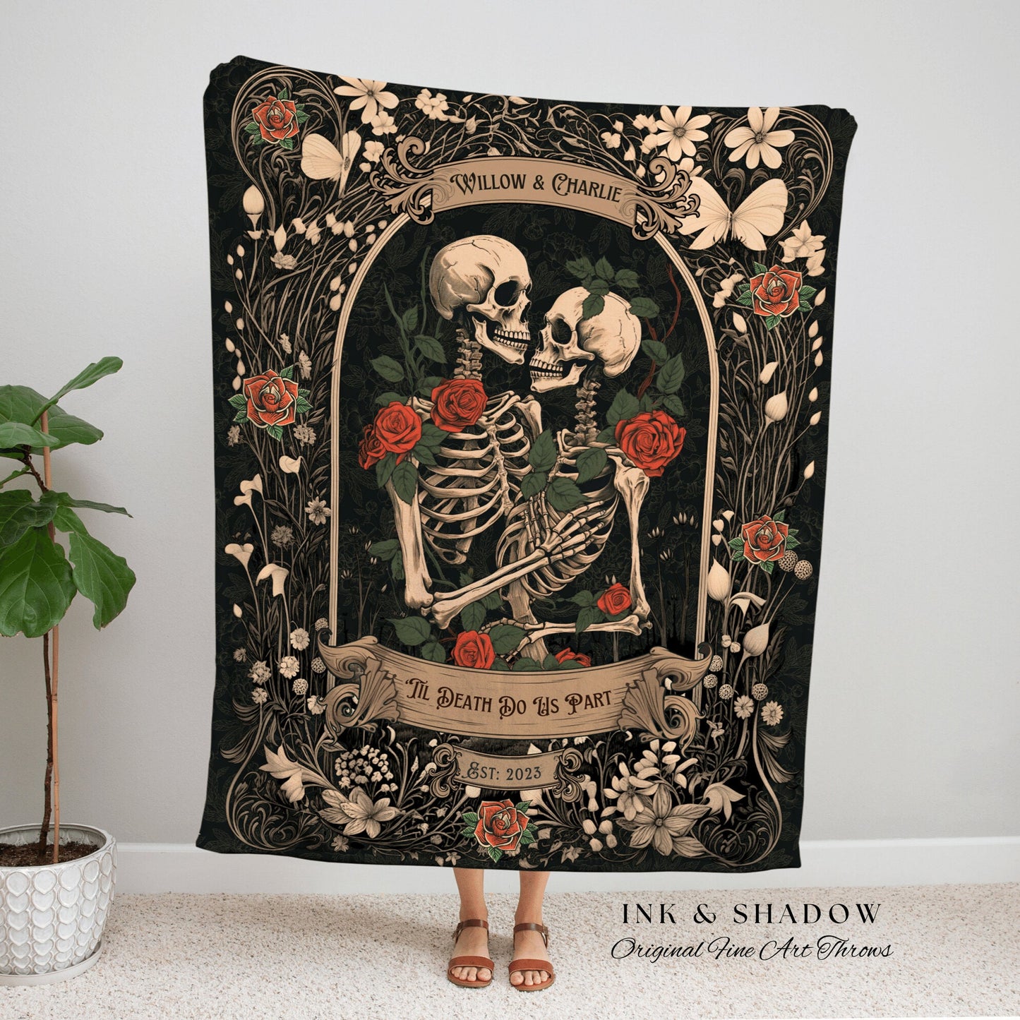 Dark Romantic Skeleton Blanket | Personalized Wedding Blanket Spooky Halloween Skeleton Tapestry His & Hers Anniversary Gift For Girlfriend