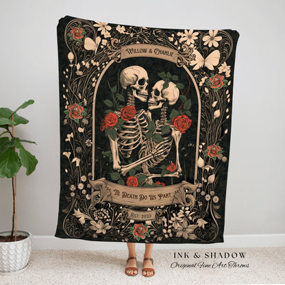 Dark Romantic Skeleton Blanket | Personalized Wedding Blanket Spooky Halloween Skeleton Tapestry His & Hers Anniversary Gift for Girlfriend