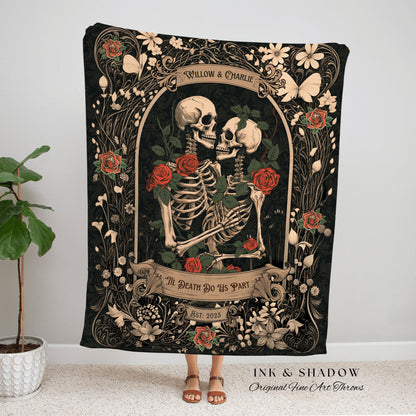 Dark Romantic Skeleton Blanket | Personalized Wedding Blanket Spooky Halloween Skeleton Tapestry His & Hers Anniversary Gift For Girlfriend