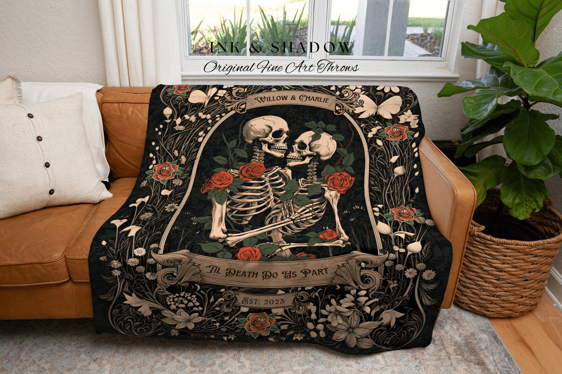 Dark Romantic Skeleton Blanket | Personalized Wedding Blanket Spooky Halloween Skeleton Tapestry His & Hers Anniversary Gift For Girlfriend