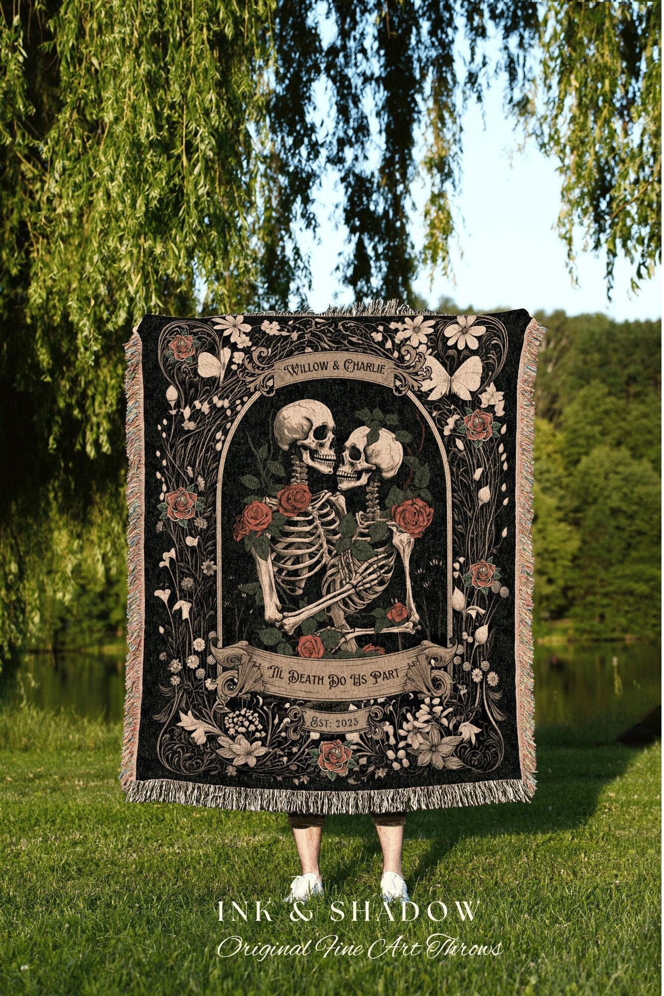 Dark Romantic Skeleton Blanket | Personalized Wedding Blanket Spooky Halloween Skeleton Tapestry His & Hers Anniversary Gift For Girlfriend