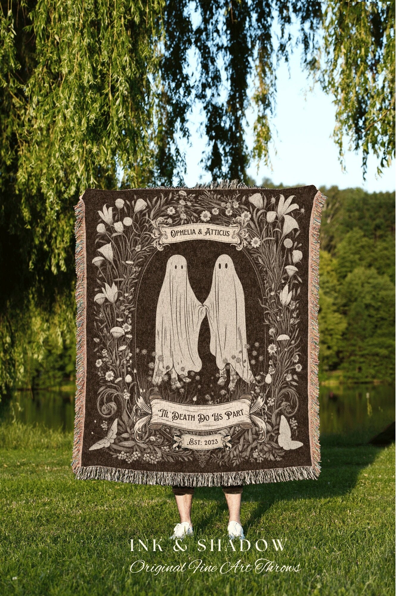 Dark Floral Ghost Blanket | Personalized Wedding Anniversary Blanket Spooky Gift for Goths Custom Ghost Gift Mr & Mrs Anniversary Meaningful