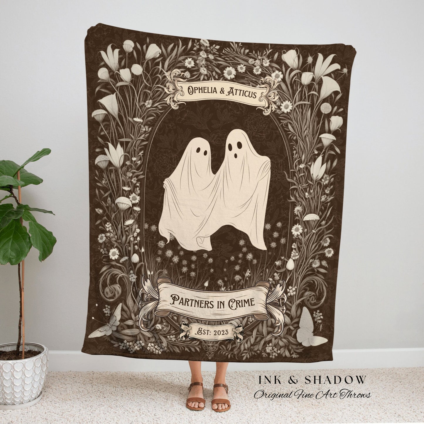 Spooky Ghost Couples Blanket | Personalized Wedding Blanket Spooky Halloween Tapestry Woven Ghost Gift for Goths Custom Anniversary Blanket