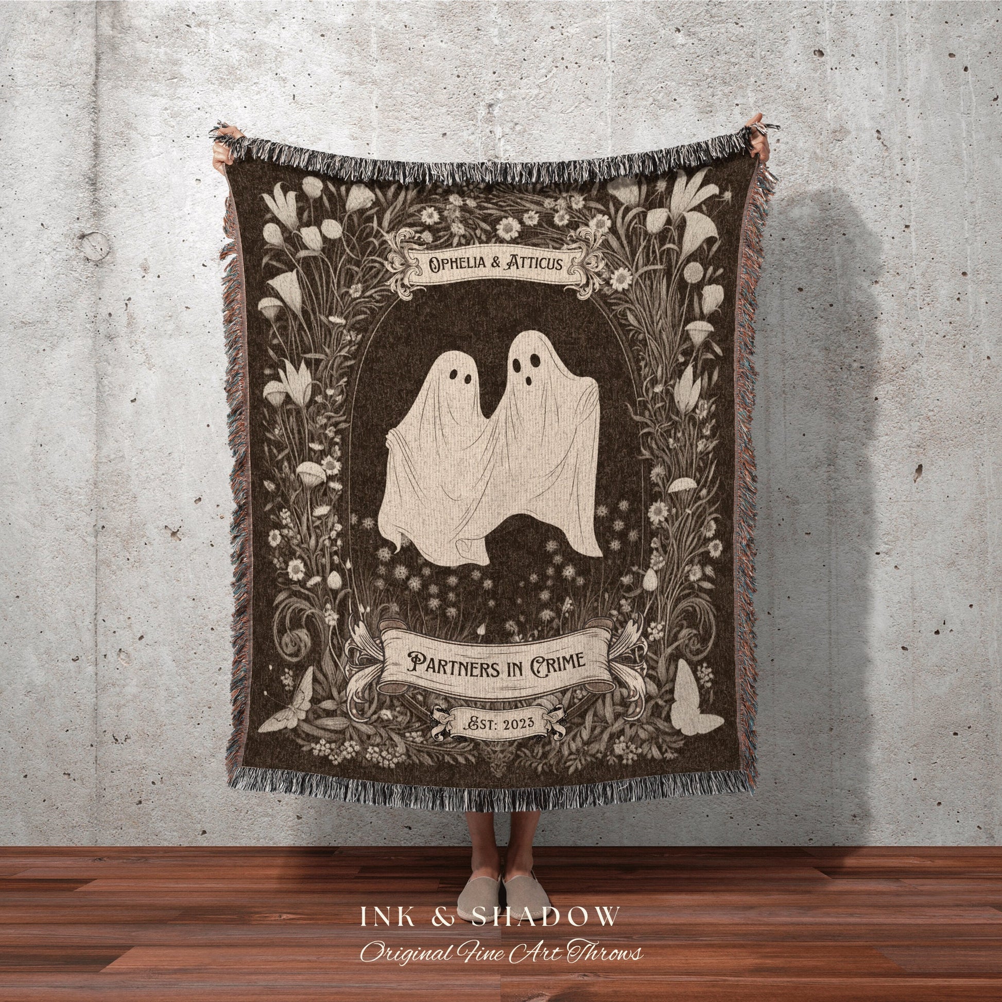 Spooky Ghost Couples Blanket | Personalized Wedding Blanket Spooky Halloween Tapestry Woven Ghost Gift for Goths Custom Anniversary Blanket