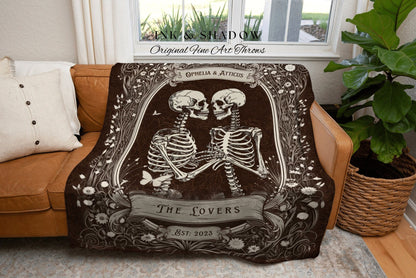Gothic Engagement Blanket Custom | Personalized Wedding Anniversary Blanket Unique Couple Gift for Goths Custom Tapestry Skeleton Blanket |