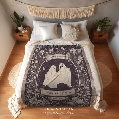 Whimsigothic Custom Couple Cute Ghost Lover Boho Fairycore Throw | Personalized Pastel Goth Cottagecore Wedding Tapestry Blanket Anniversary