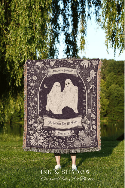 Whimsigothic Custom Couple Cute Ghost Lover Boho Fairycore Throw | Personalized Pastel Goth Cottagecore Wedding Tapestry Blanket Anniversary