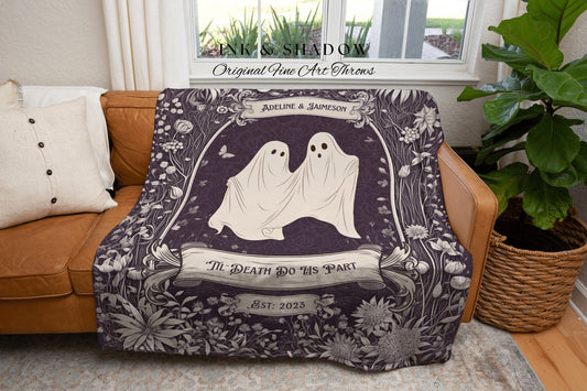 Whimsigothic Custom Couple Cute Ghost Lover Boho Fairycore Throw | Personalized Pastel Goth Cottagecore Wedding Tapestry Blanket Anniversary