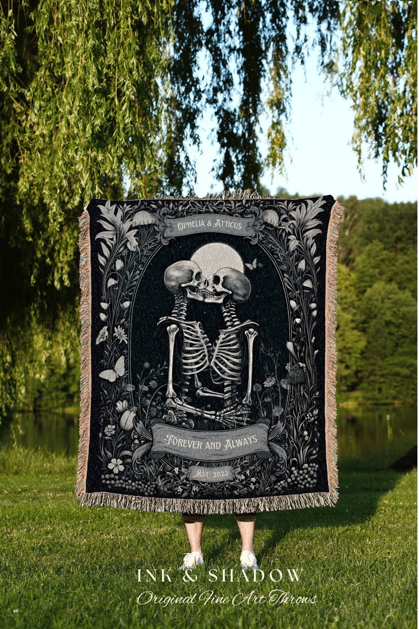 Skeleton Lovers Anniversary Blanket | Personalized Tapestry Gothic Wedding Custom Blanket Woven Tapestry Skeleton Couple Whimsical Wedding |