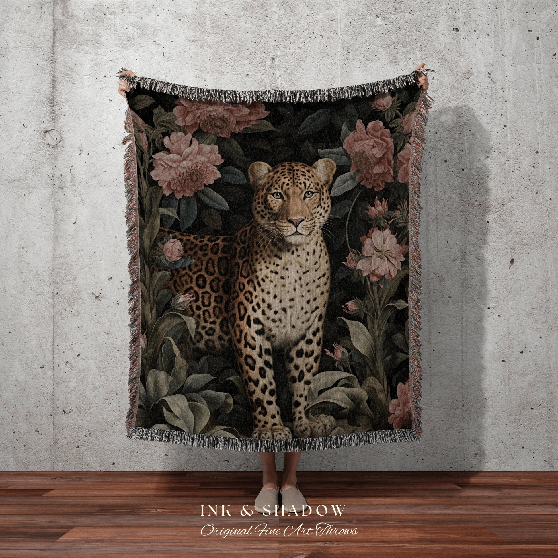 Dark Floral Leopard Blanket | Woodland Folk Art Blanket Woven Tapestry William Morris Art Woodland Goth Decor Dark Academia Gothic Aesthetic