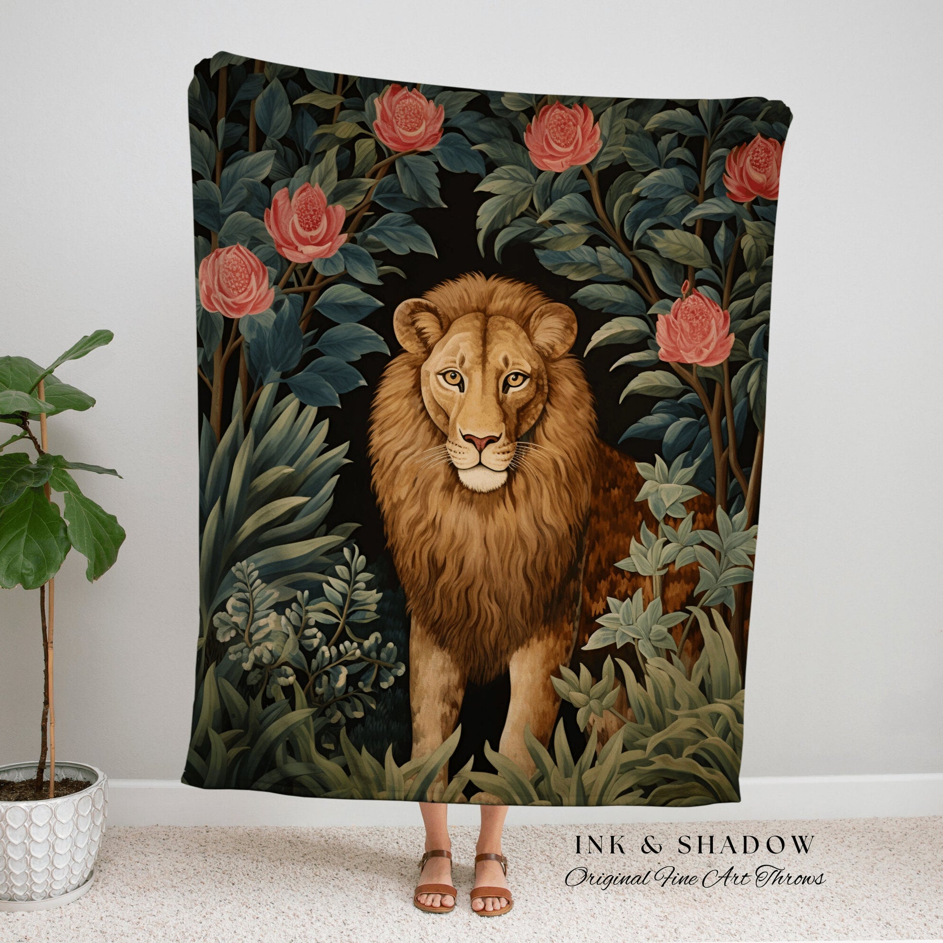 Vintage Gothic Lion Tapestry | Botanical Folk Art Blanket Woven Tapestry William Morris Throw Woodland Gothic Medieval Aesthetic Cottagecore