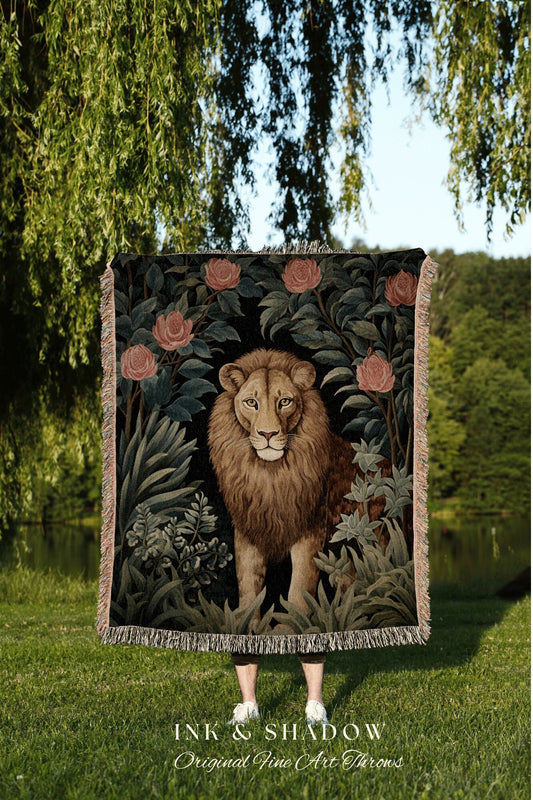 Vintage Gothic Lion Tapestry | Botanical Folk Art Blanket Woven Tapestry William Morris Throw Woodland Gothic Medieval Aesthetic Cottagecore