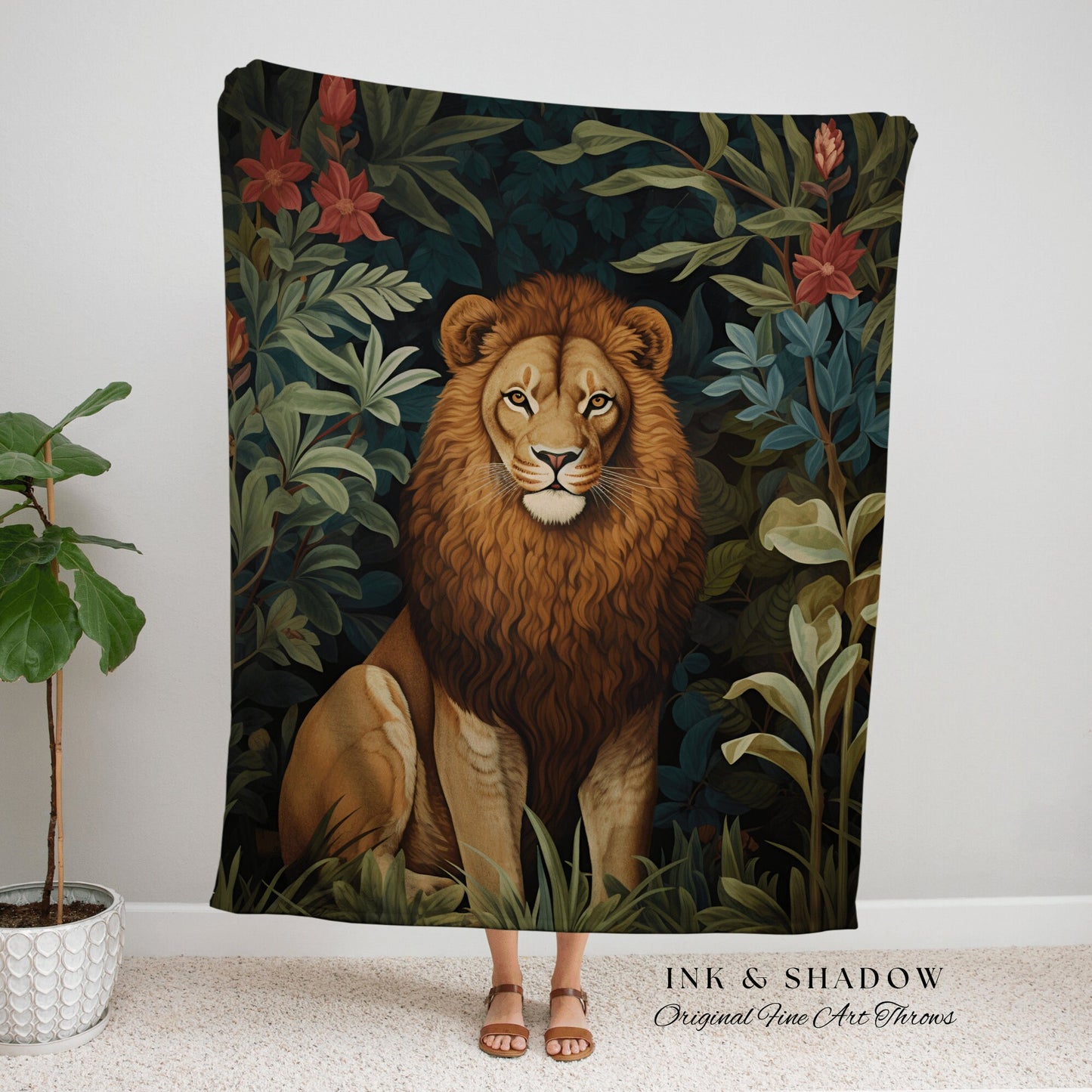 Witchy Lion Tapestry Woven | Botanical Folk Art Blanket Woven Tapestry William Morris Throw Woodland Gothic Medieval Aesthetic Cottagecore |