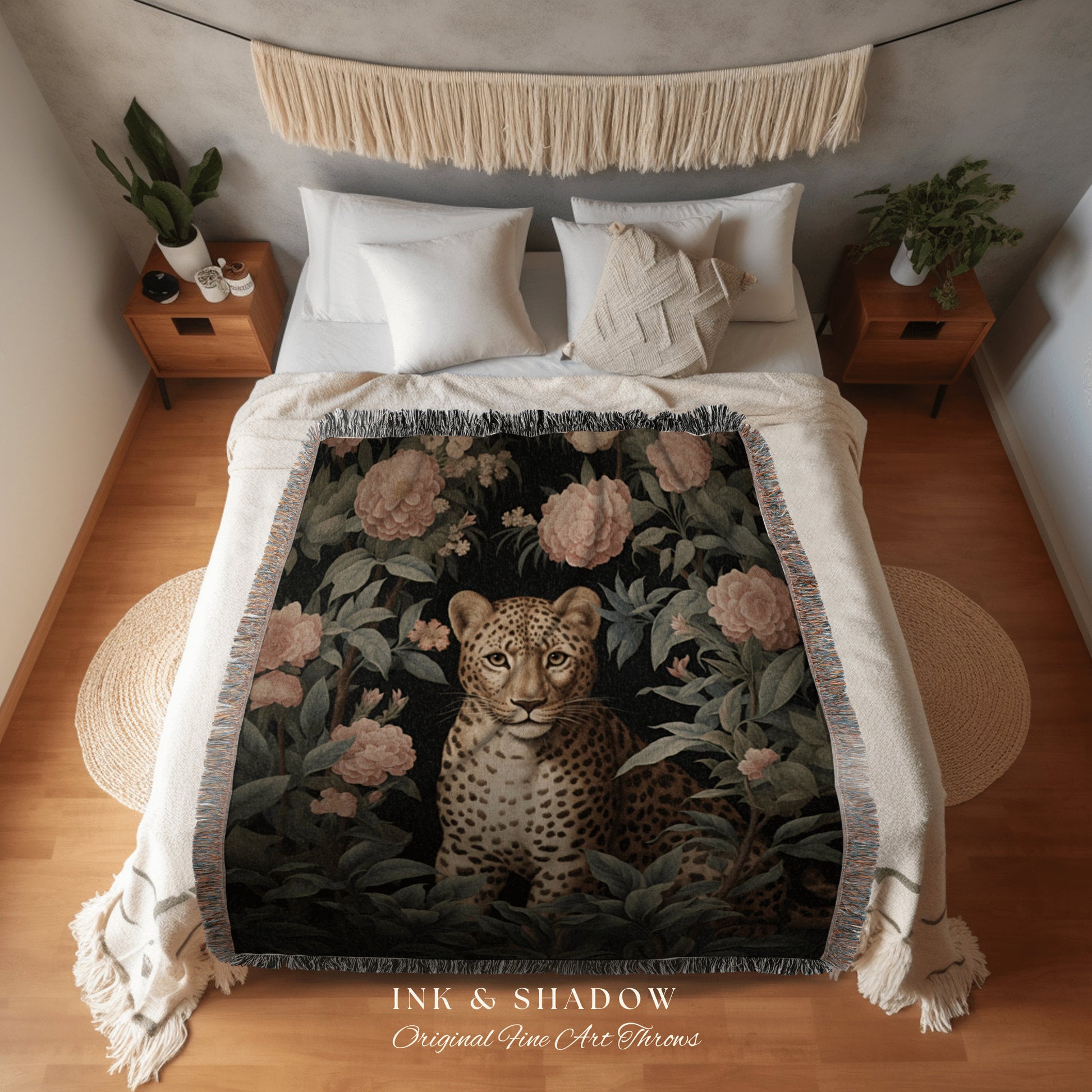 Woven Wildflower Cheetah Tapestry Throw Whimsigothic Folk Art Blanket, Dark Woodland Victorian Gothic Floral Botanical Forest Goblincore