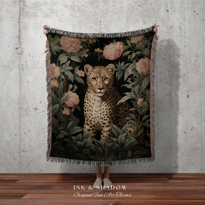 Woven Wildflower Cheetah Tapestry Throw Whimsigothic Folk Art Blanket, Dark Woodland Victorian Gothic Floral Botanical Forest Goblincore