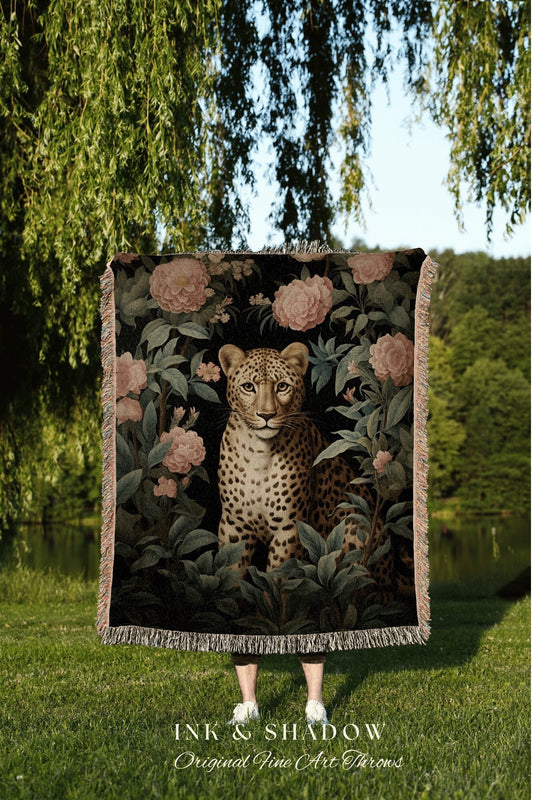 Woven Wildflower Cheetah Tapestry Throw Whimsigothic Folk Art Blanket, Dark Woodland Victorian Gothic Floral Botanical Forest Goblincore