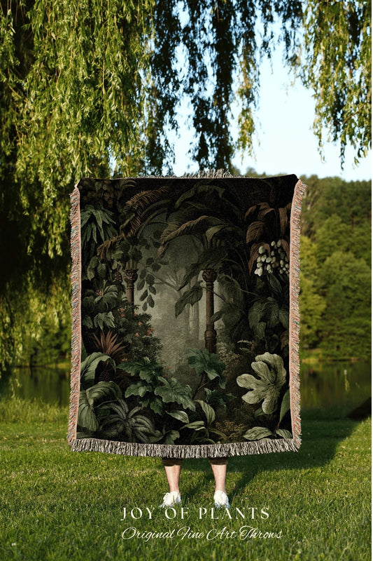 Misty Forest Tapestry Gothic | Woven Cotton Throw Blanket Dark Cottagecore Botanical Blanket Forest Tapestry Fairycore Bedroom Decor Jungle