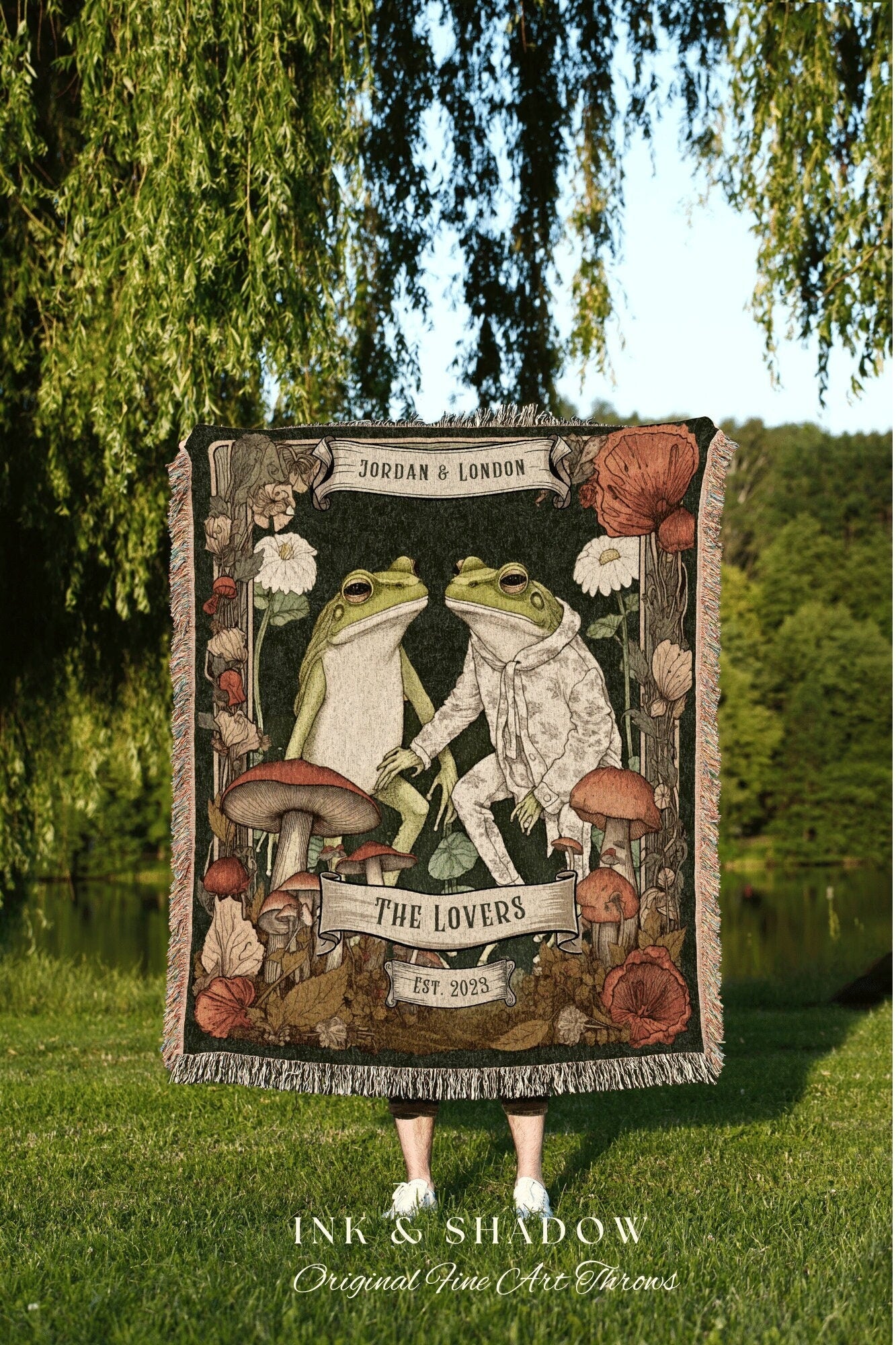 Retro Frog Blanket Personalized | Anniversary Gift Tapestry Woven Throw Vintage Frog & Toad Goblincore Blanket Wedding Gift Cottagecore Gift