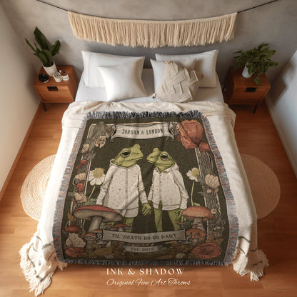 Whimsigoth Frog Couple Blanket | Custom Anniversary Gift Tapestry Woven Throw Vintage Frog & Toad Goblincore Blanket Custom Wedding Gift |