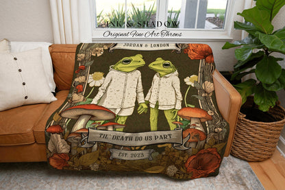 Whimsigoth Frog Couple Blanket | Custom Anniversary Gift Tapestry Woven Throw Vintage Frog & Toad Goblincore Blanket Custom Wedding Gift |