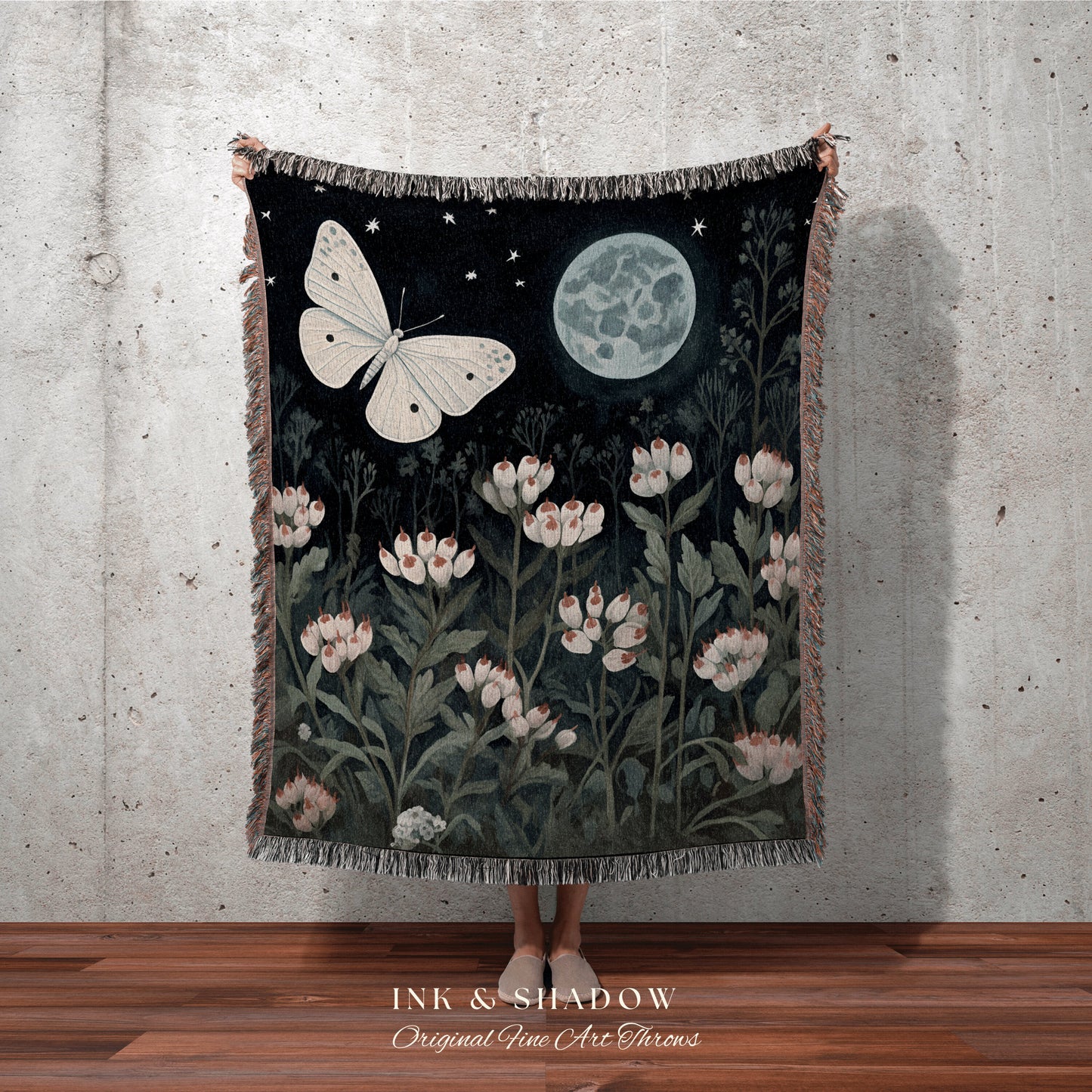 Moonlit Moth Tapestry Woven | Witchy Aesthetic Room Decor Gothic Wall Art Whimsigoth Room Decor Occult Art Butterfly Moon Decor Ethereal |