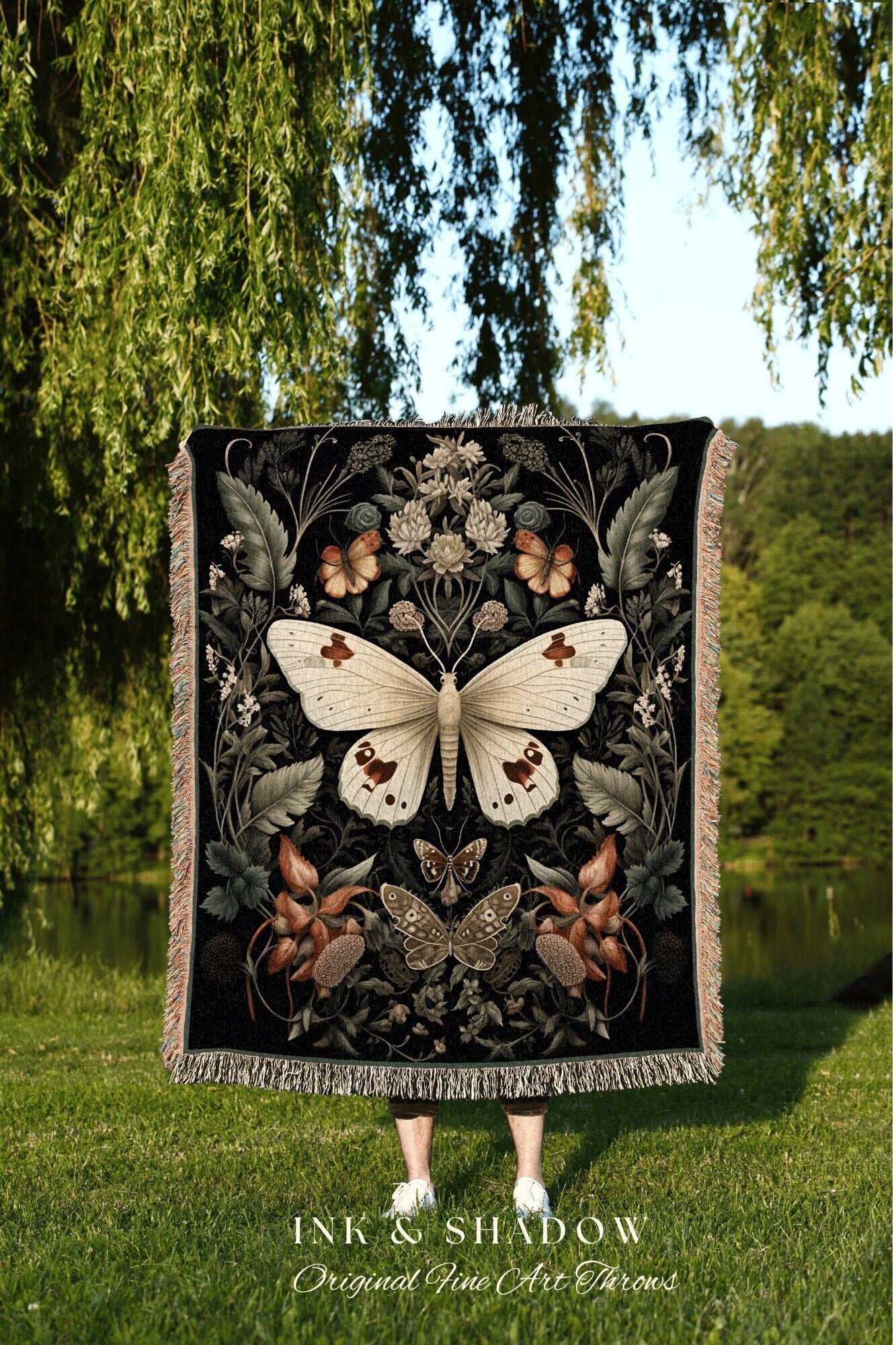 Fairy Grunge Moth Tapestry | Witchy Aesthetic Room Decor Gothic Art Crowcore Room Decor Dark Cottagecore Art Butterfly Moth Blanket Woven |