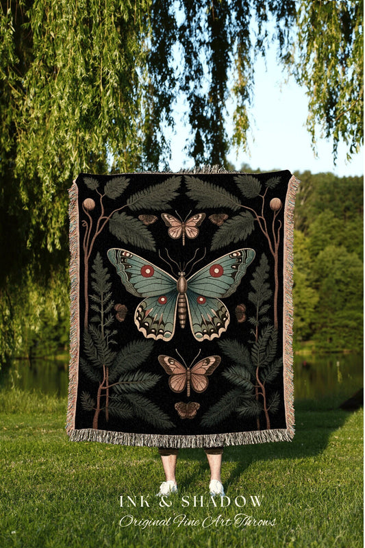 Botanical Butterfly Blanket | Witchy Aesthetic Room Decor Gothic Art Crowcore Room Decor Dark Cottagecore Butterfly Goth Moth Blanket Woven